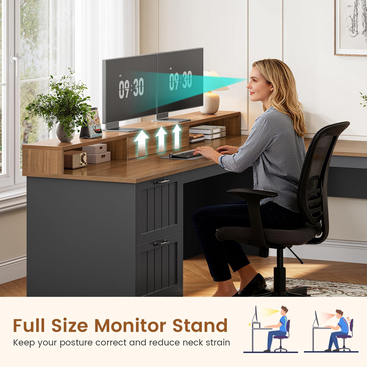 63" L Shaped Desk with Drawers and Storage Cabinet U535