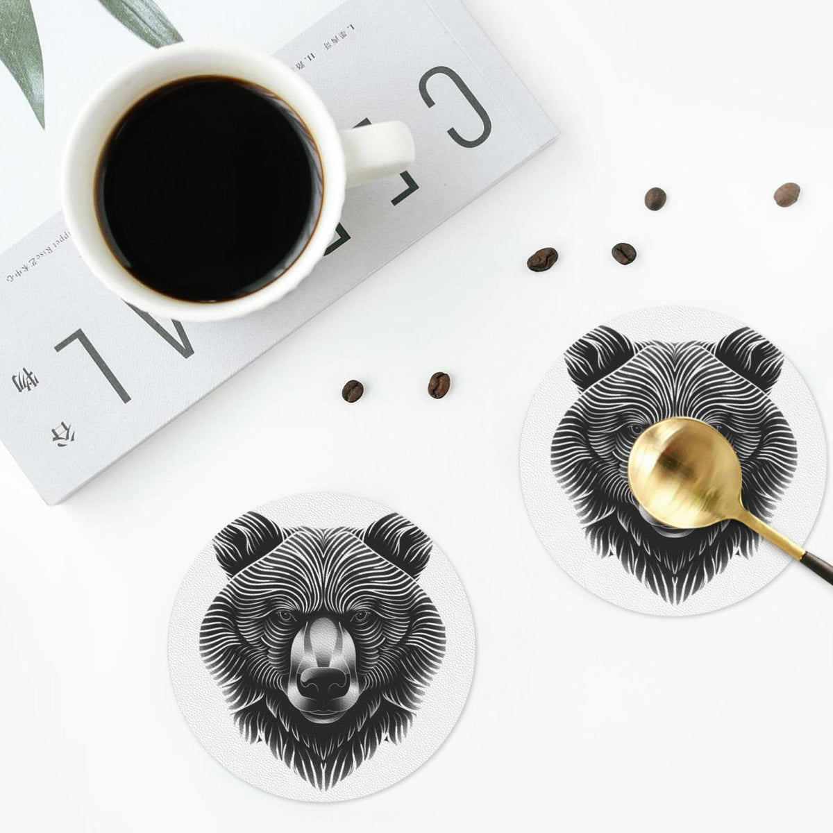Black and White Bear Head Leather Coasters Set of 4 T40620
