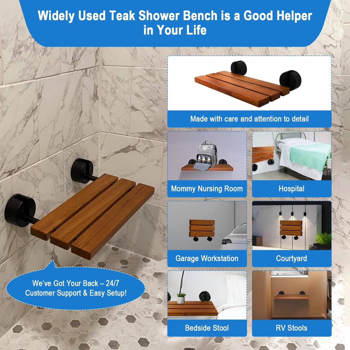20" Teak Wall Mounted Fold Down Shower Seat 400 lbs Capacity O114414