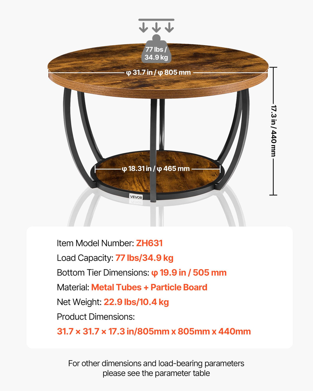 Round Coffee Table, 31.5" 2 Tiers Wooden with Metal Frame, Rustic Brown G962971
