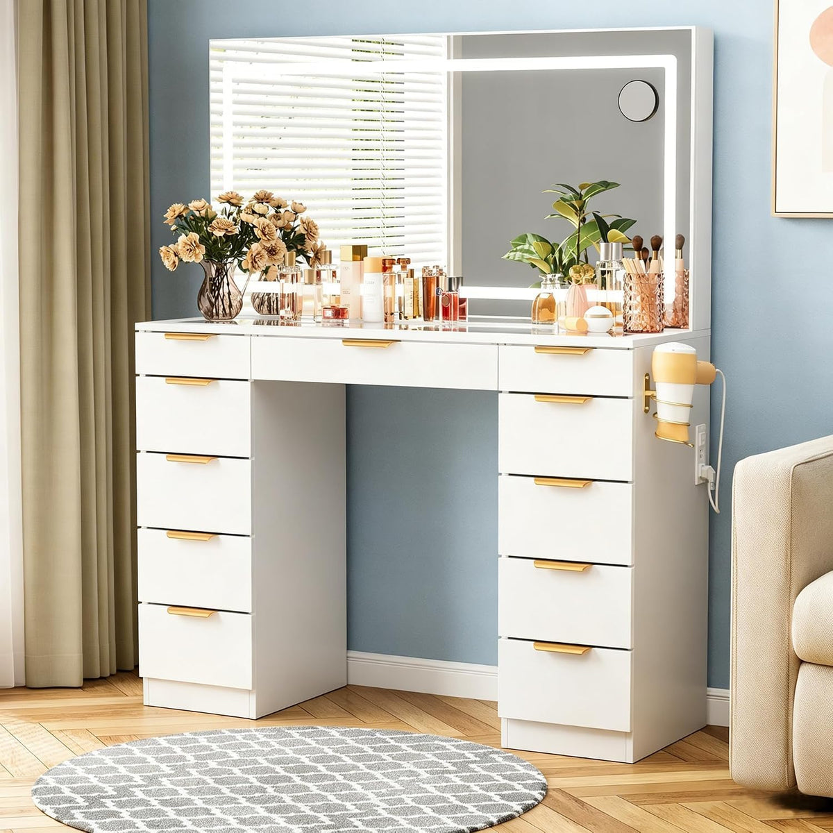 White Glass Top Vanity Desk with Mirror and Lights, 11 Drawers U58369