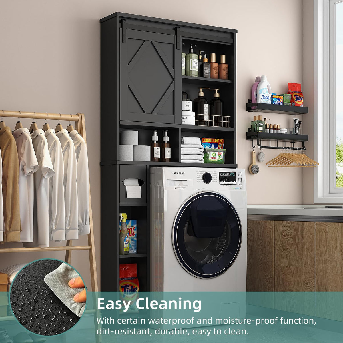 Black Over the Toilet Storage Cabinet with Sliding Barn Door P5293