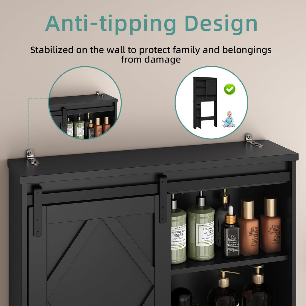 Black Over the Toilet Storage Cabinet with Sliding Barn Door P5293
