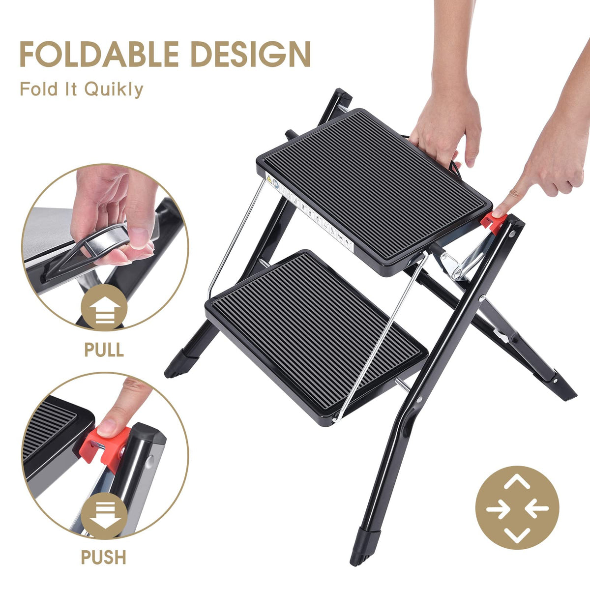 Folding Step Ladder, 2 Step Step Stool with Handle, Black F647