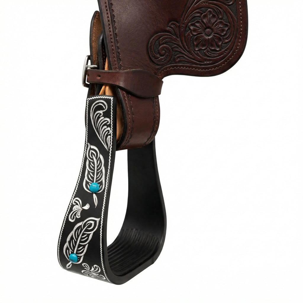 Black Aluminum Engraved Horse Saddle Stirrups J361755