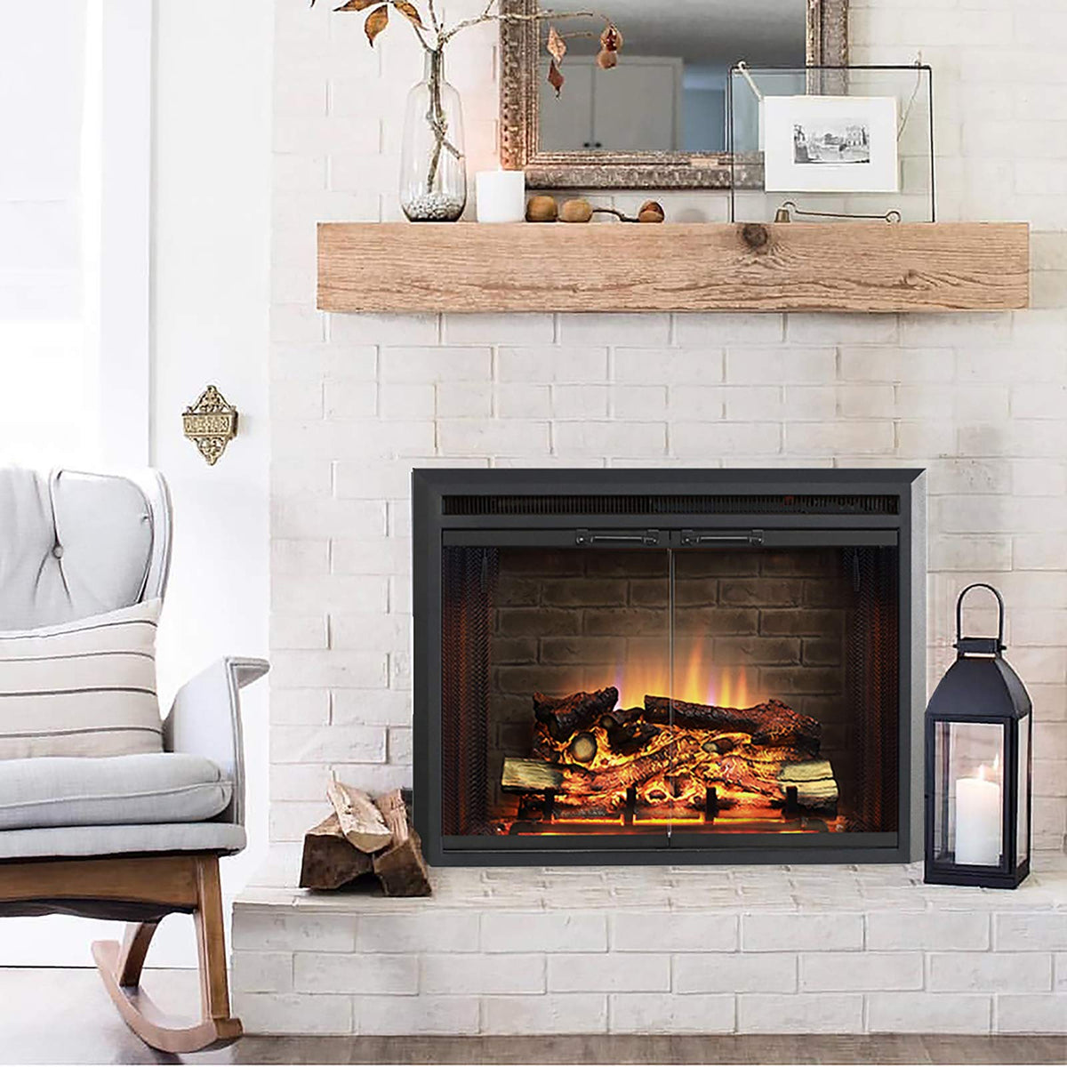 Black Electric Fireplace Insert with Glass Door and Mesh Screen, 750/1500W V969514