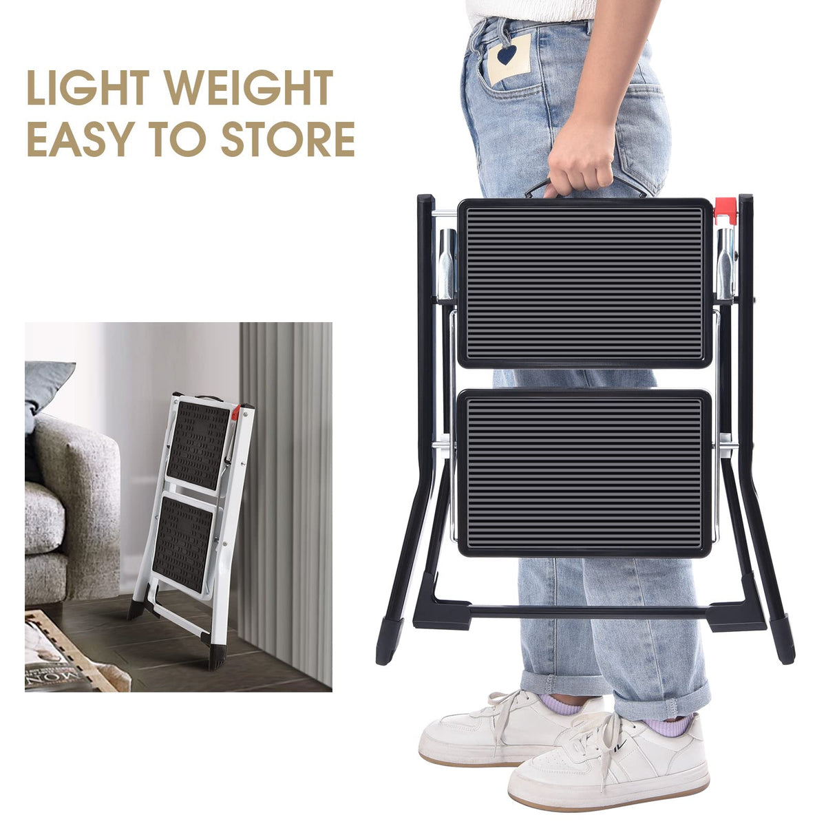 Folding Step Ladder, 2 Step Step Stool with Handle, Black F647