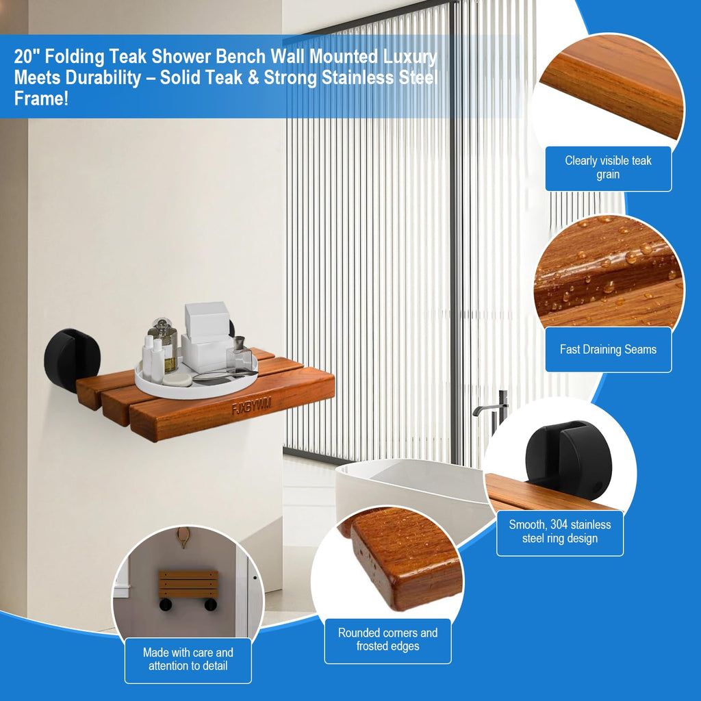 20" Teak Wall Mounted Fold Down Shower Seat 400 lbs Capacity O114414