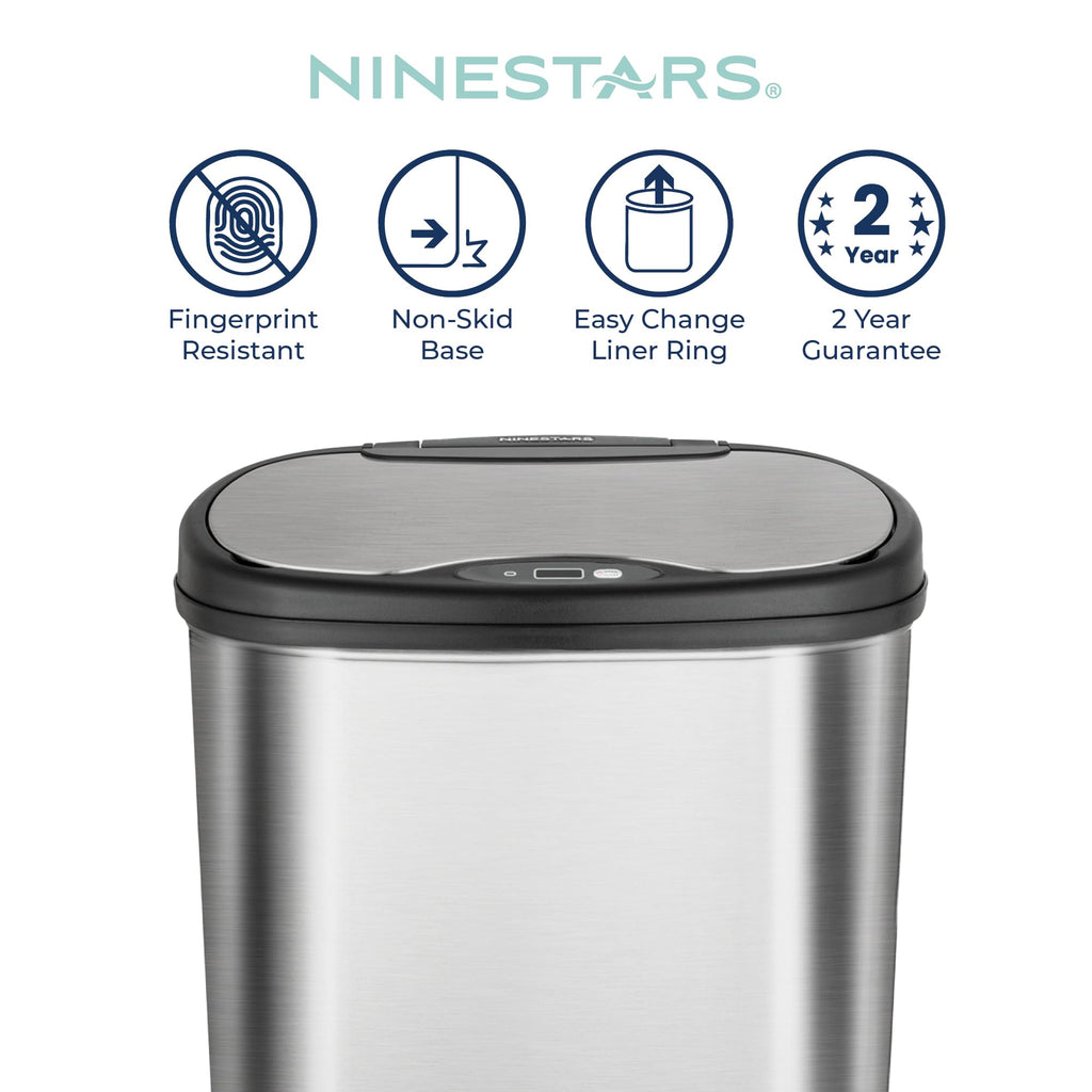 13 Gallon Oval Automatic Trash Can, 50L Touchless Motion Sensor Garbage Can with Odor-Sealing Lid & One-Touch Manual Mode, Silver Stainless Steel, Black Trim L4182
