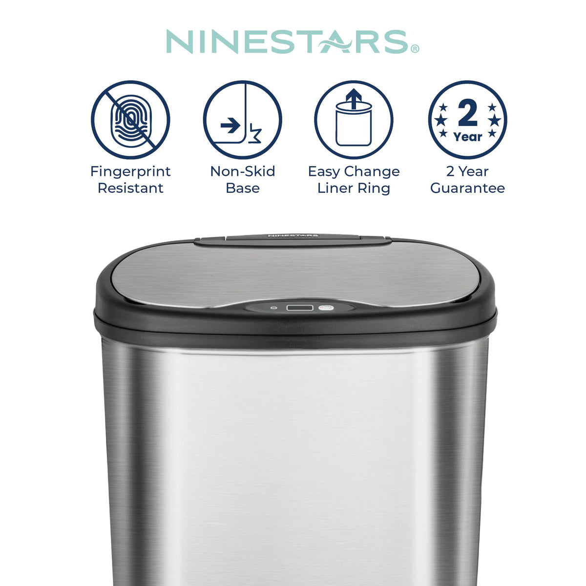 13 Gallon Oval Automatic Trash Can, 50L Touchless Motion Sensor Garbage Can with Odor-Sealing Lid & One-Touch Manual Mode, Silver Stainless Steel, Black Trim L4182