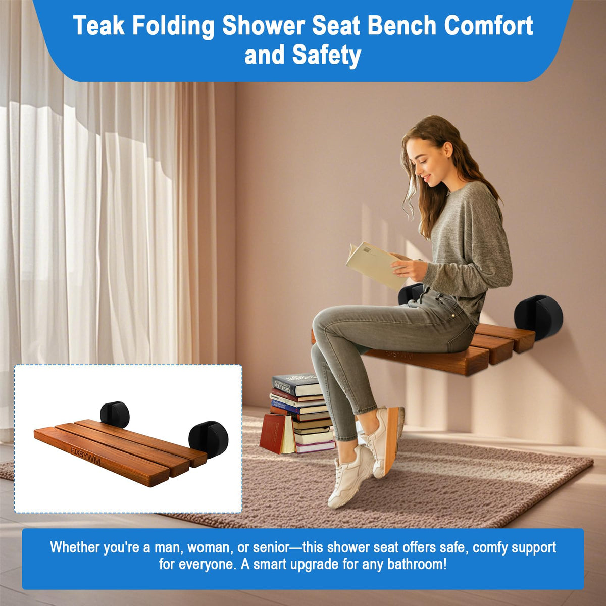 20" Teak Wall Mounted Fold Down Shower Seat 400 lbs Capacity O114414