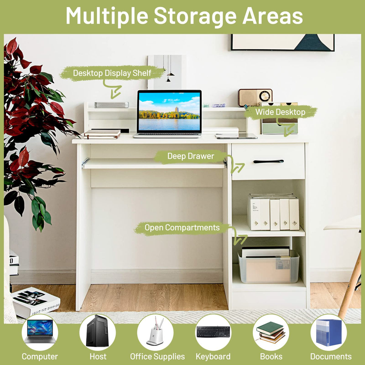 White Desk with Drawer and Keyboard Tray T927787