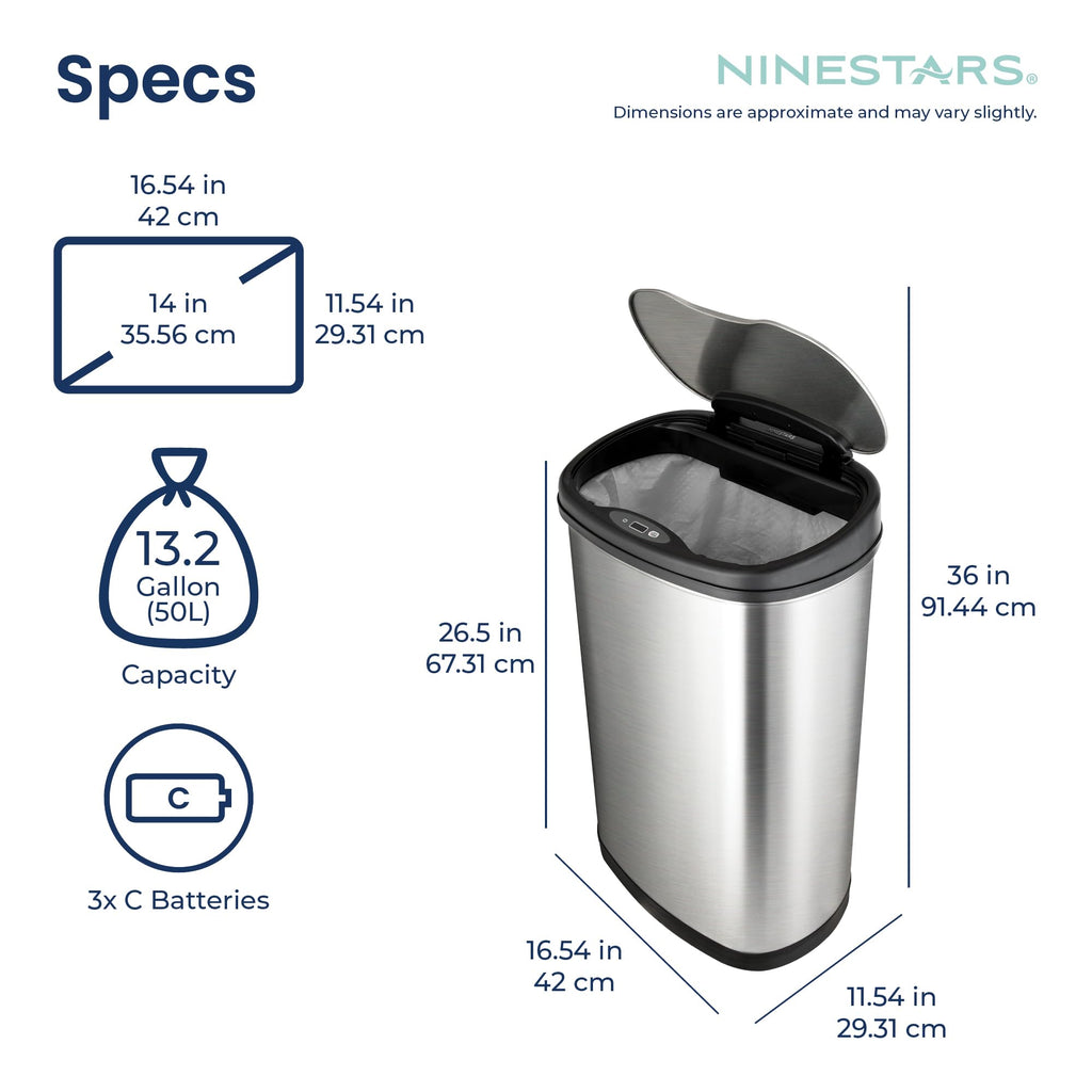 13 Gallon Oval Automatic Trash Can, 50L Touchless Motion Sensor Garbage Can with Odor-Sealing Lid & One-Touch Manual Mode, Silver Stainless Steel, Black Trim L4182