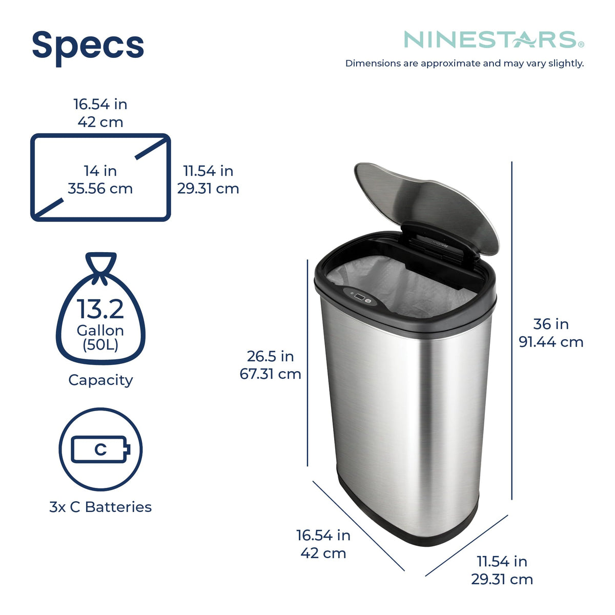 13 Gallon Oval Automatic Trash Can, 50L Touchless Motion Sensor Garbage Can with Odor-Sealing Lid & One-Touch Manual Mode, Silver Stainless Steel, Black Trim L4182