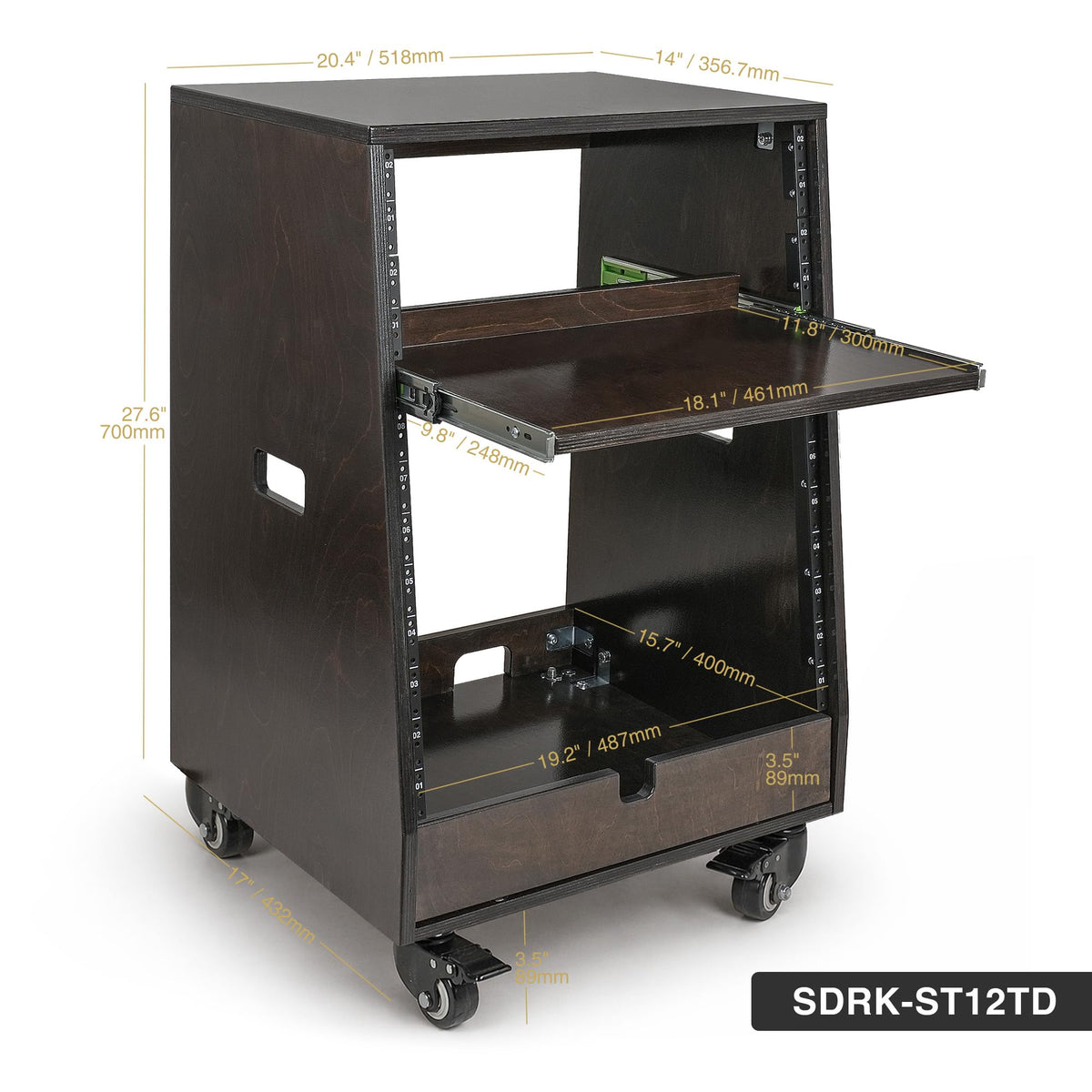 12U Studio Rack with Slide-Out Tray and Casters E9153