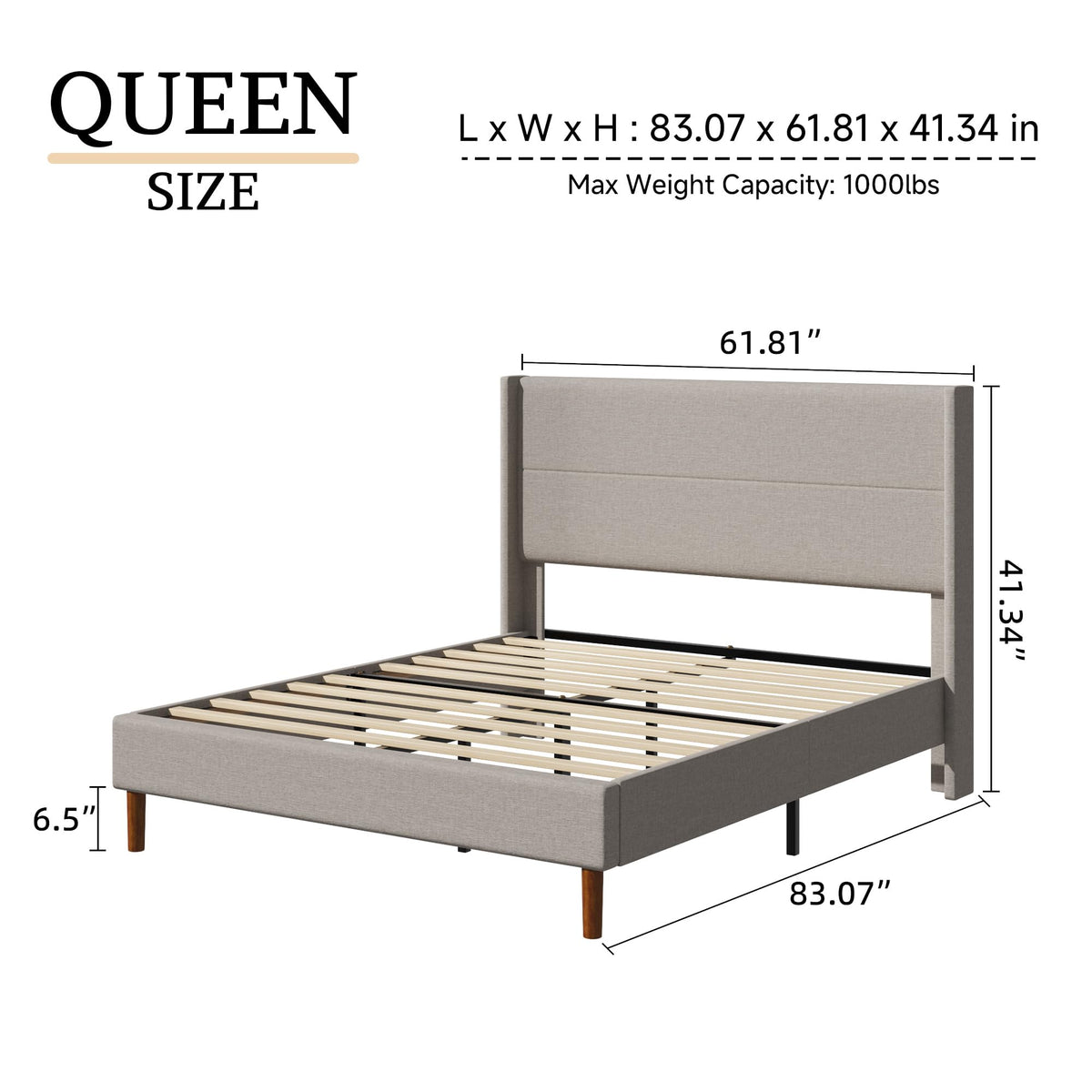 Queen Size Linen Platform Bed Frame with Wingback Headboard Y979819
