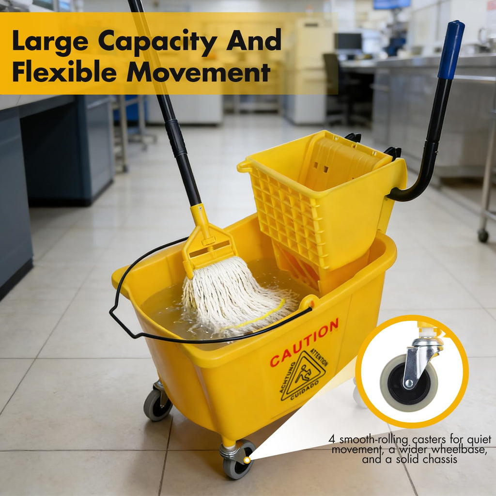 Commercial Mop Bucket with 2 Mop Heads and Caution Sign, 38 Quart F615