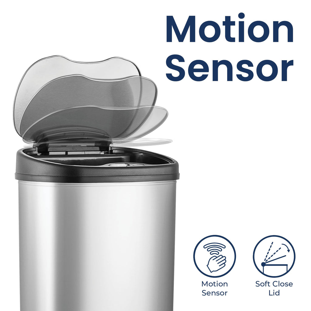 13 Gallon Oval Automatic Trash Can, 50L Touchless Motion Sensor Garbage Can with Odor-Sealing Lid & One-Touch Manual Mode, Silver Stainless Steel, Black Trim L4182