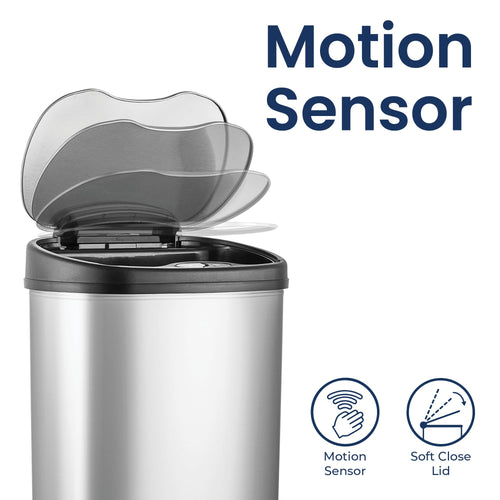 13 Gallon Oval Automatic Trash Can, 50L Touchless Motion Sensor Garbage Can with Odor-Sealing Lid & One-Touch Manual Mode, Silver Stainless Steel, Black Trim L4182