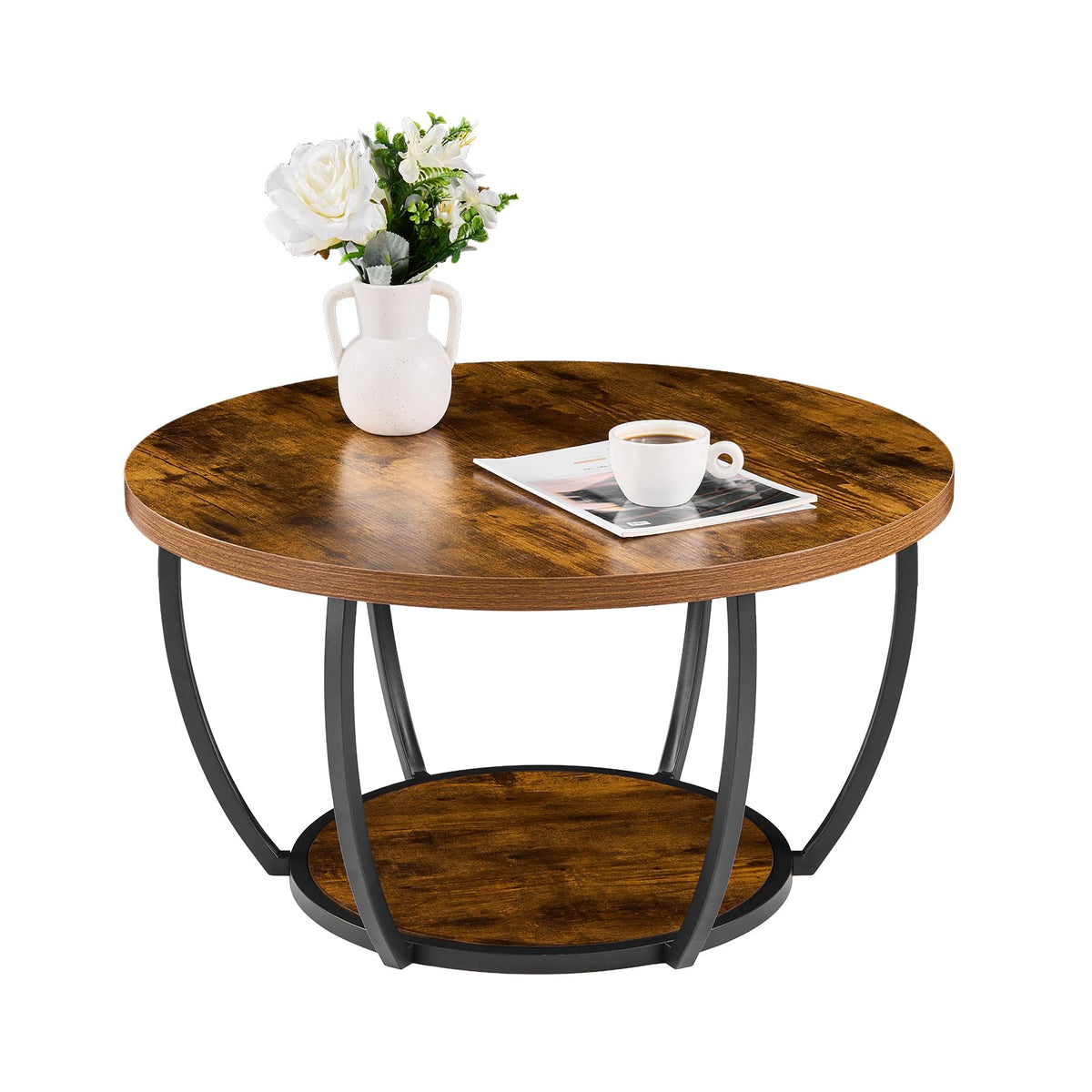 Round Coffee Table, 31.5" 2 Tiers Wooden with Metal Frame, Rustic Brown G962971