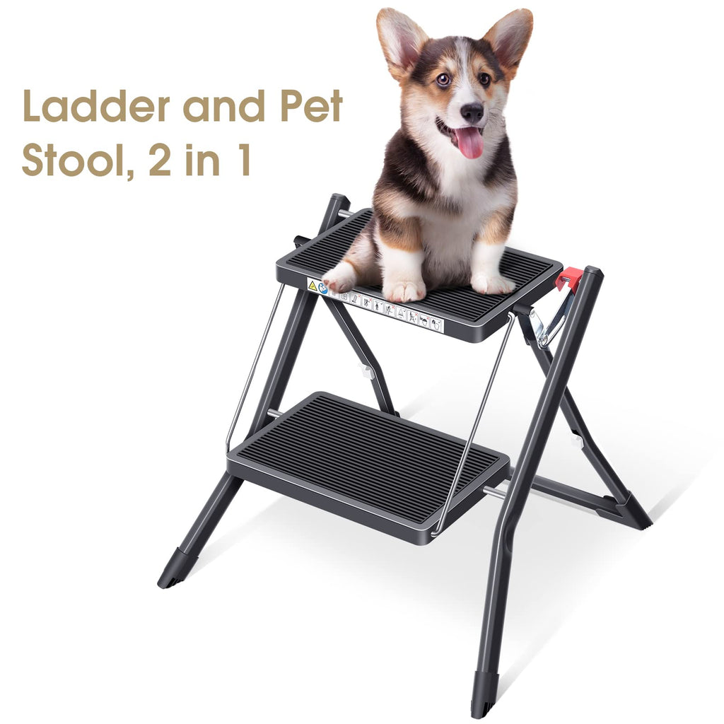 Folding Step Ladder, 2 Step Step Stool with Handle, Black F647