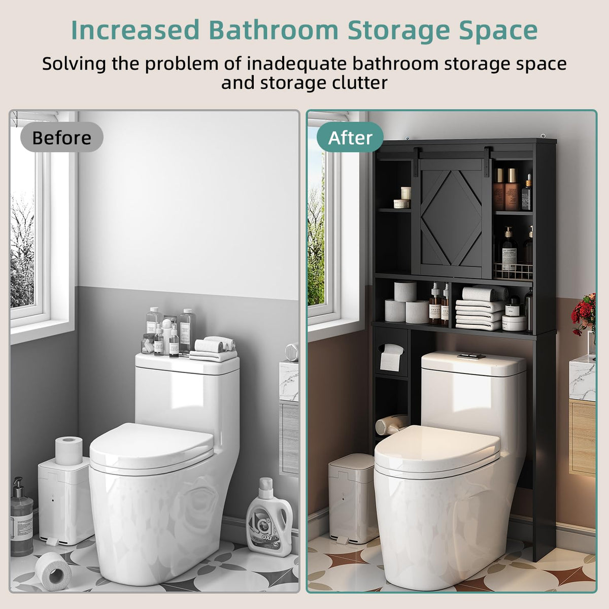 Black Over the Toilet Storage Cabinet with Sliding Barn Door P5293