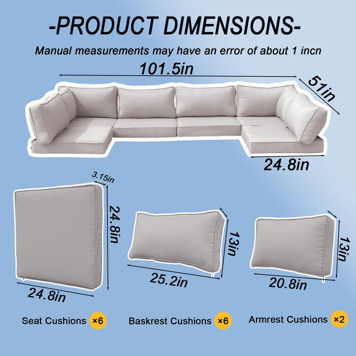 14 Piece Waterproof Outdoor Sofa Cushion Replacement with Zippers P5983