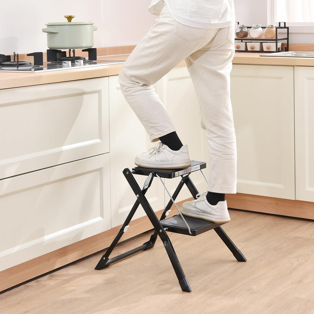 Folding Step Ladder, 2 Step Step Stool with Handle, Black F647