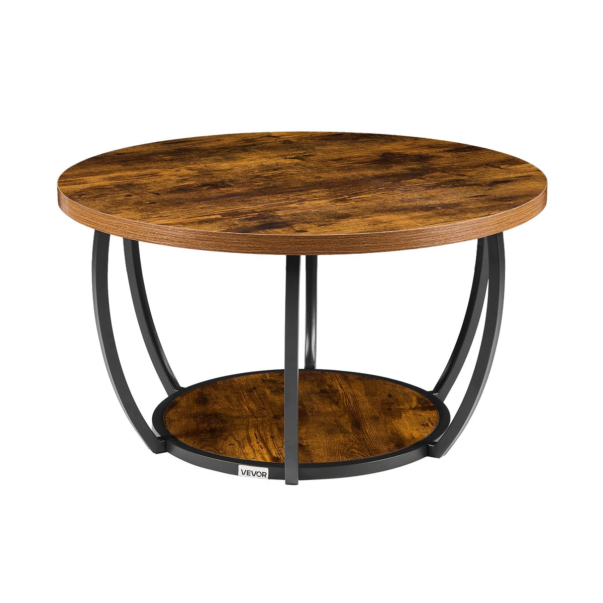 Round Coffee Table, 31.5" 2 Tiers Wooden with Metal Frame, Rustic Brown G962971