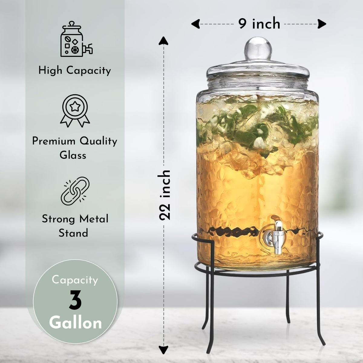3 Gallon Glass Beverage Dispenser with Metal Stand & Lid R257