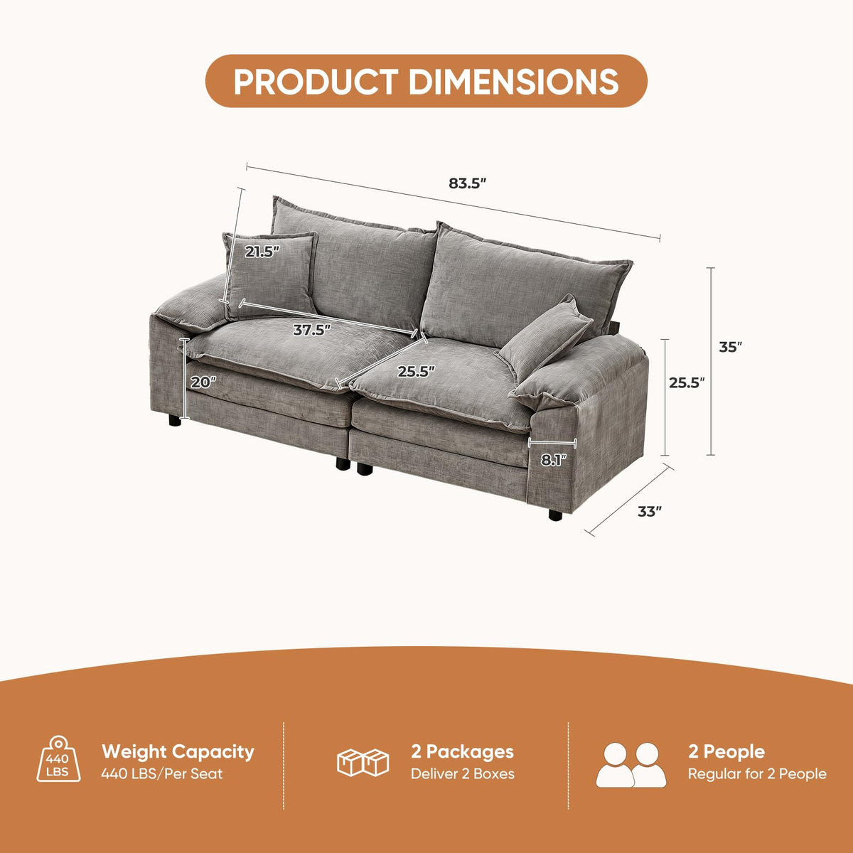 Light Gray Chenille 2 Seater Sofa with Pillows S4405