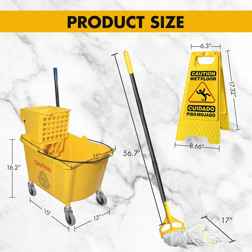 Commercial Mop Bucket with 2 Mop Heads and Caution Sign, 38 Quart F615