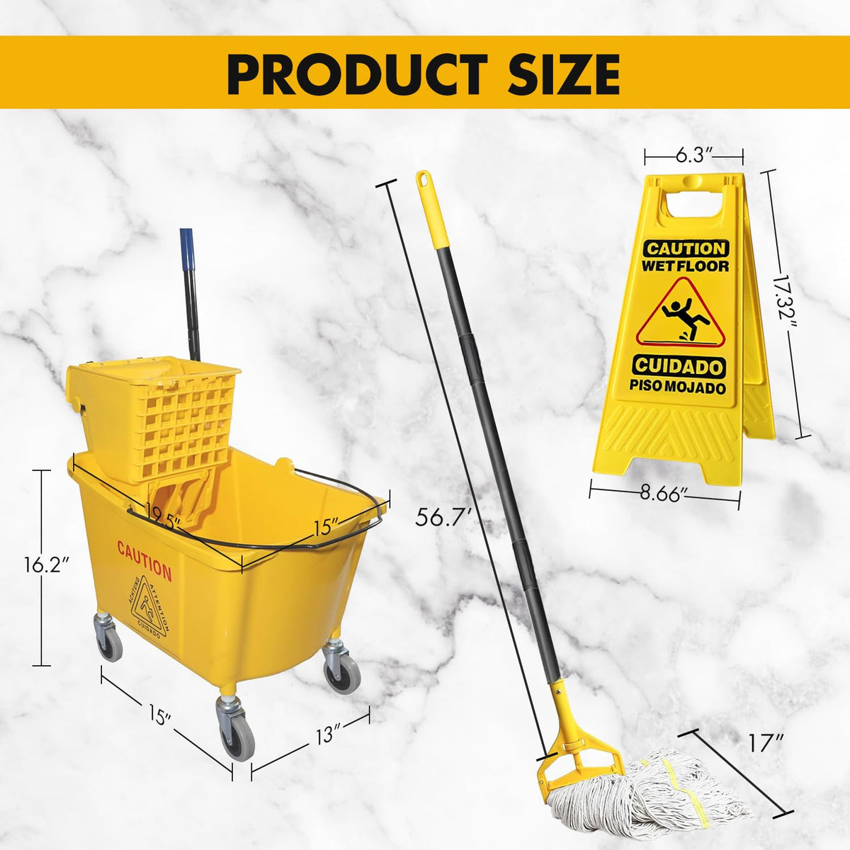 Commercial Mop Bucket with 2 Mop Heads and Caution Sign, 38 Quart F615