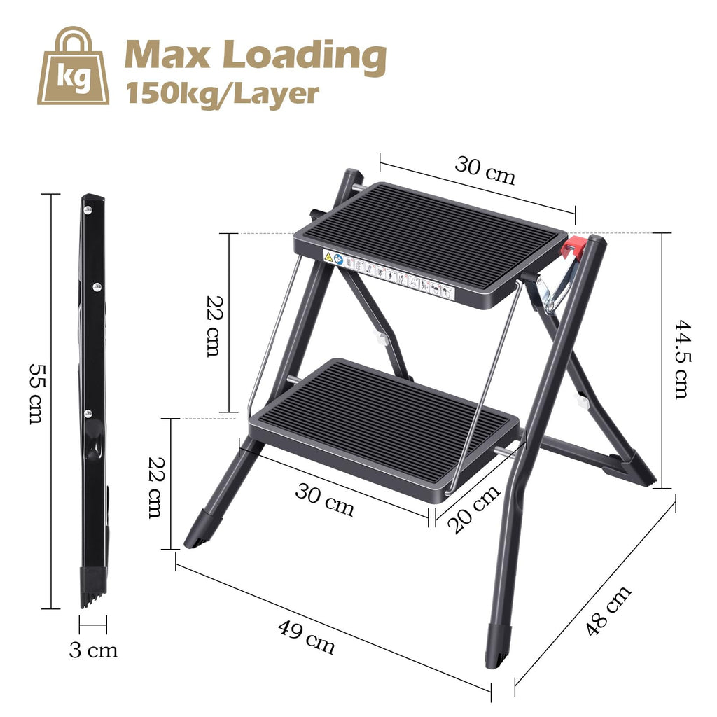 Folding Step Ladder, 2 Step Step Stool with Handle, Black F647
