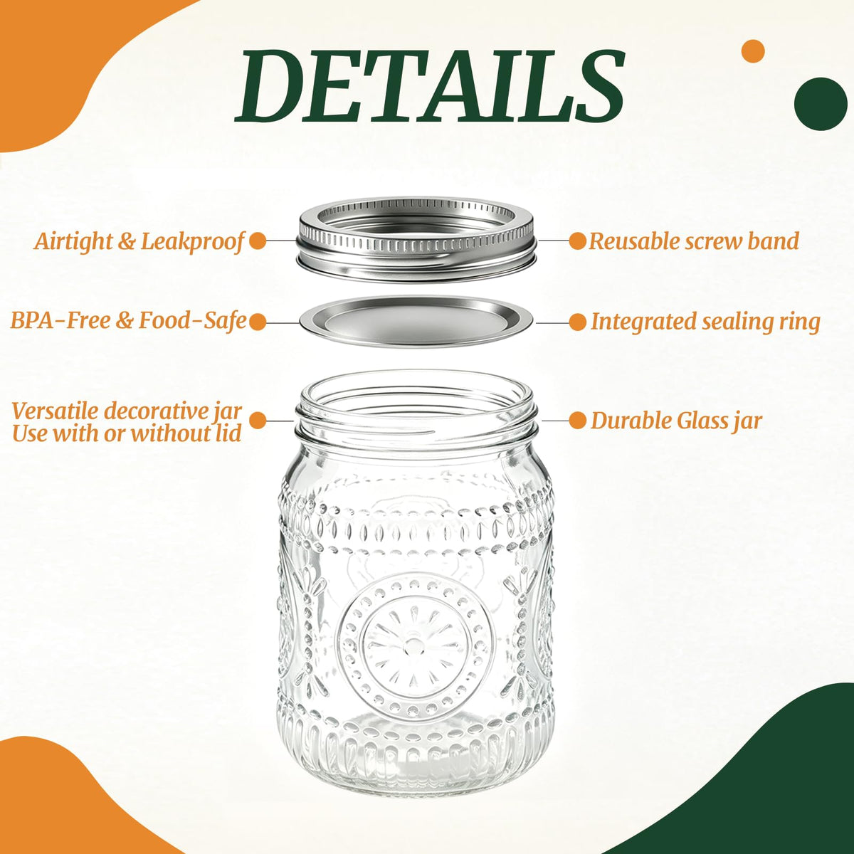 6-Pack Glass Mason Jars 16 oz Wide Mouth Canning Jars P49375