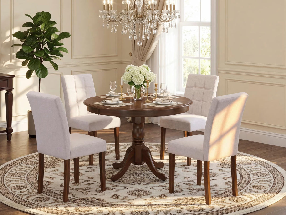 5 Piece Mid Century Dining Table Set with 4 Beige Fabric Chairs G296