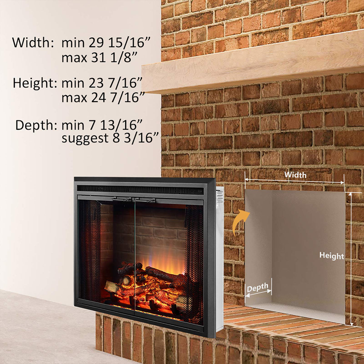 Black Electric Fireplace Insert with Glass Door and Mesh Screen, 750/1500W V969514