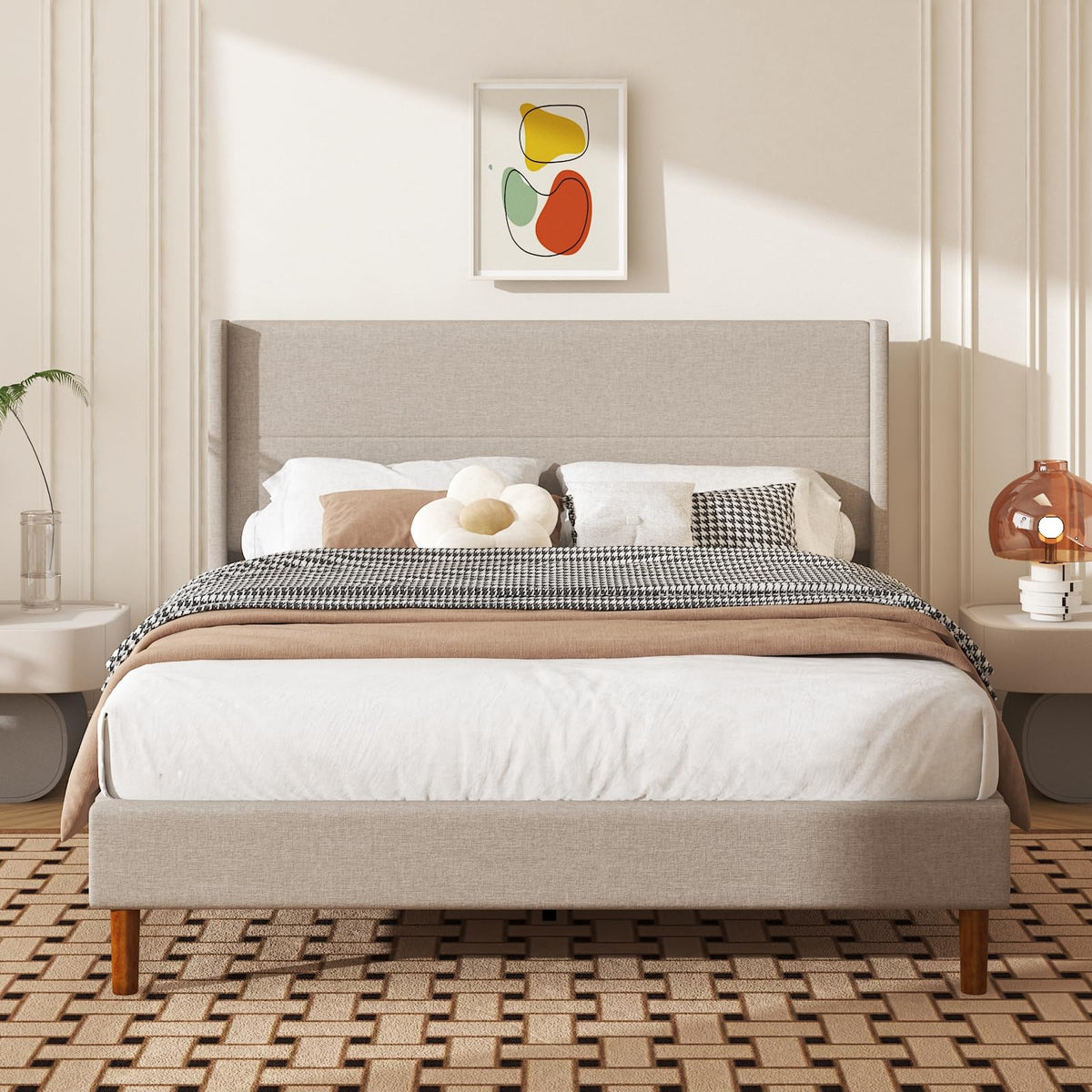 Queen Size Linen Platform Bed Frame with Wingback Headboard Y979819