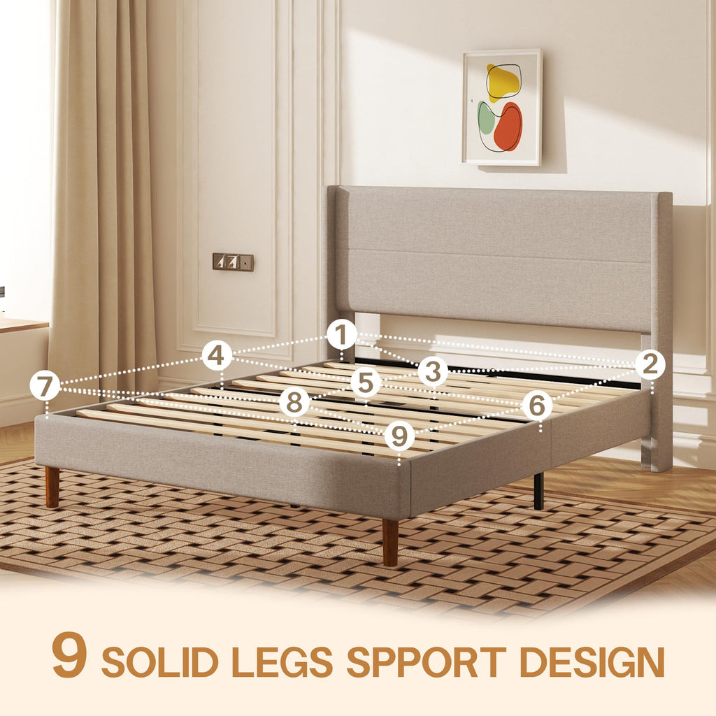 Queen Size Linen Platform Bed Frame with Wingback Headboard Y979819
