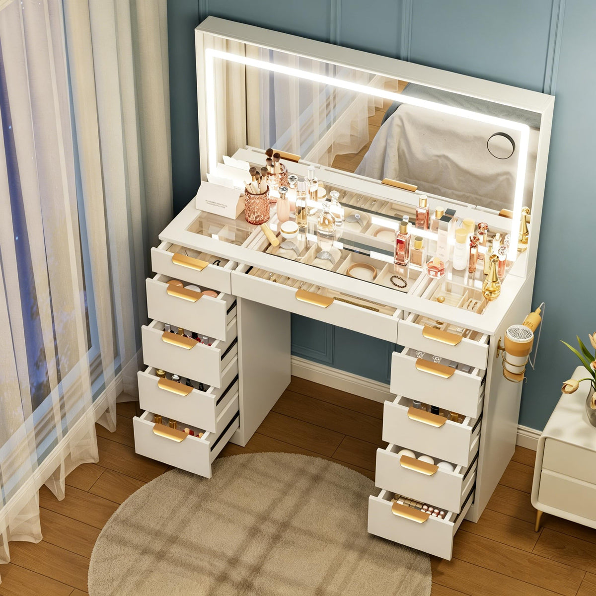 White Glass Top Vanity Desk with Mirror and Lights, 11 Drawers U58369