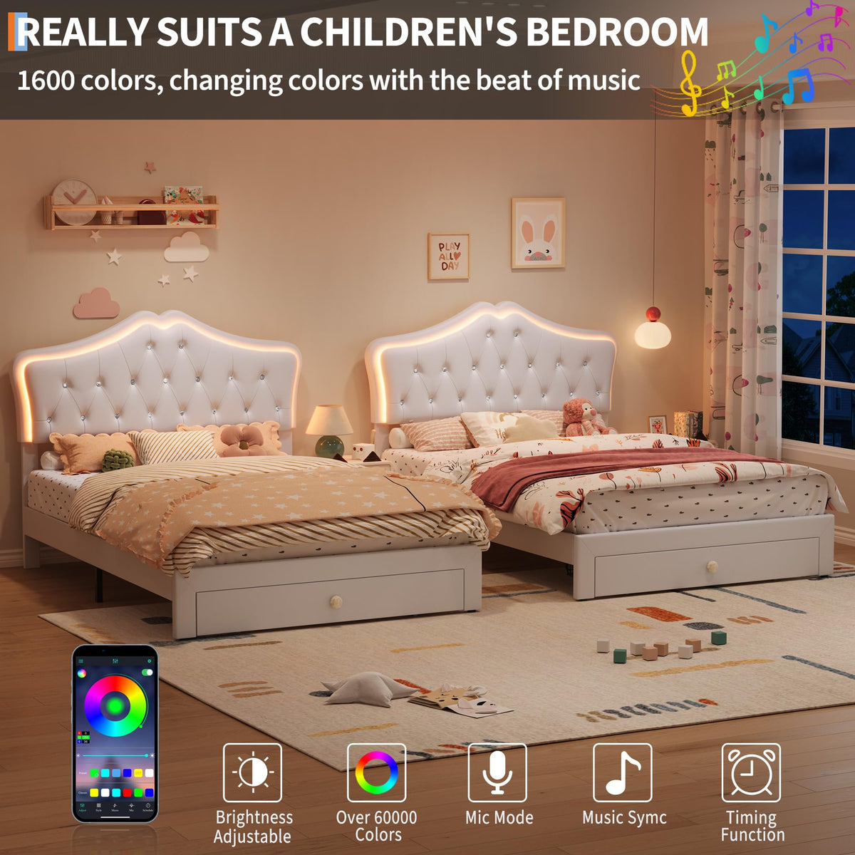 Beige Full Size Bed Frame with LED Lights Headboard W414