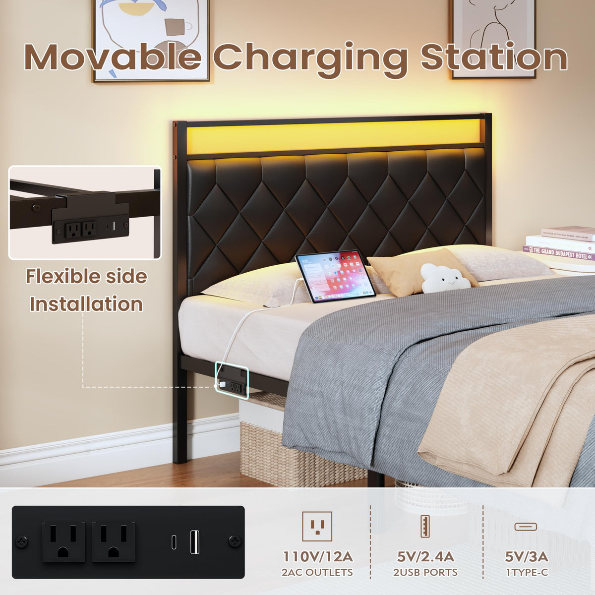Full Size Black Metal Bed Frame with LED Lights & Charging Station B88139