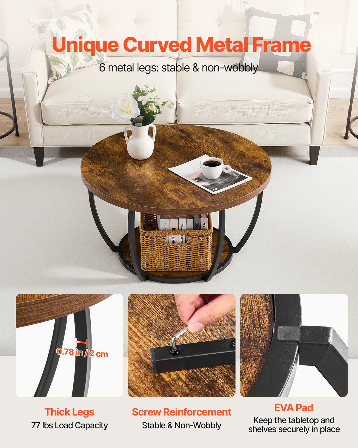 Round Coffee Table, 31.5" 2 Tiers Wooden with Metal Frame, Rustic Brown G962971