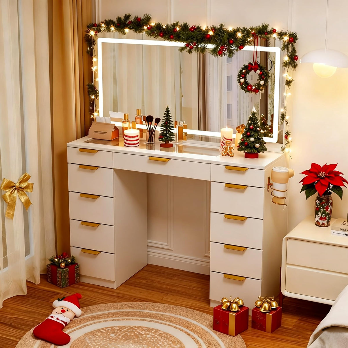 White Glass Top Vanity Desk with Mirror and Lights, 11 Drawers U58369
