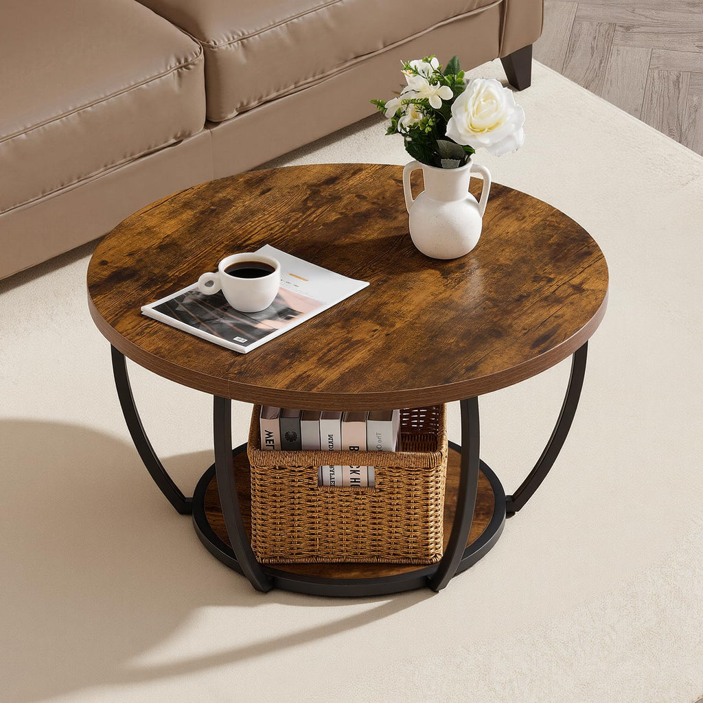 Round Coffee Table, 31.5" 2 Tiers Wooden with Metal Frame, Rustic Brown G962971