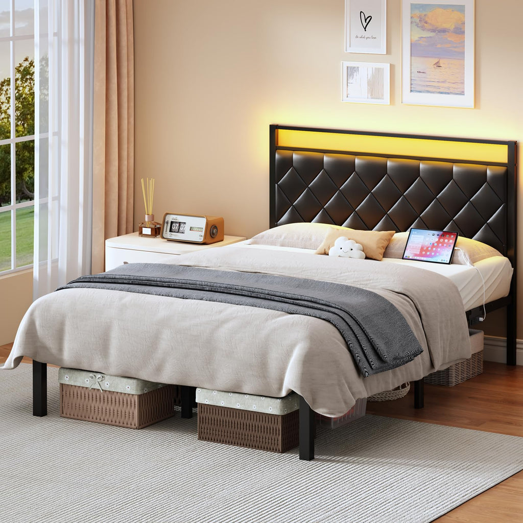 Full Size Black Metal Bed Frame with LED Lights & Charging Station B88139