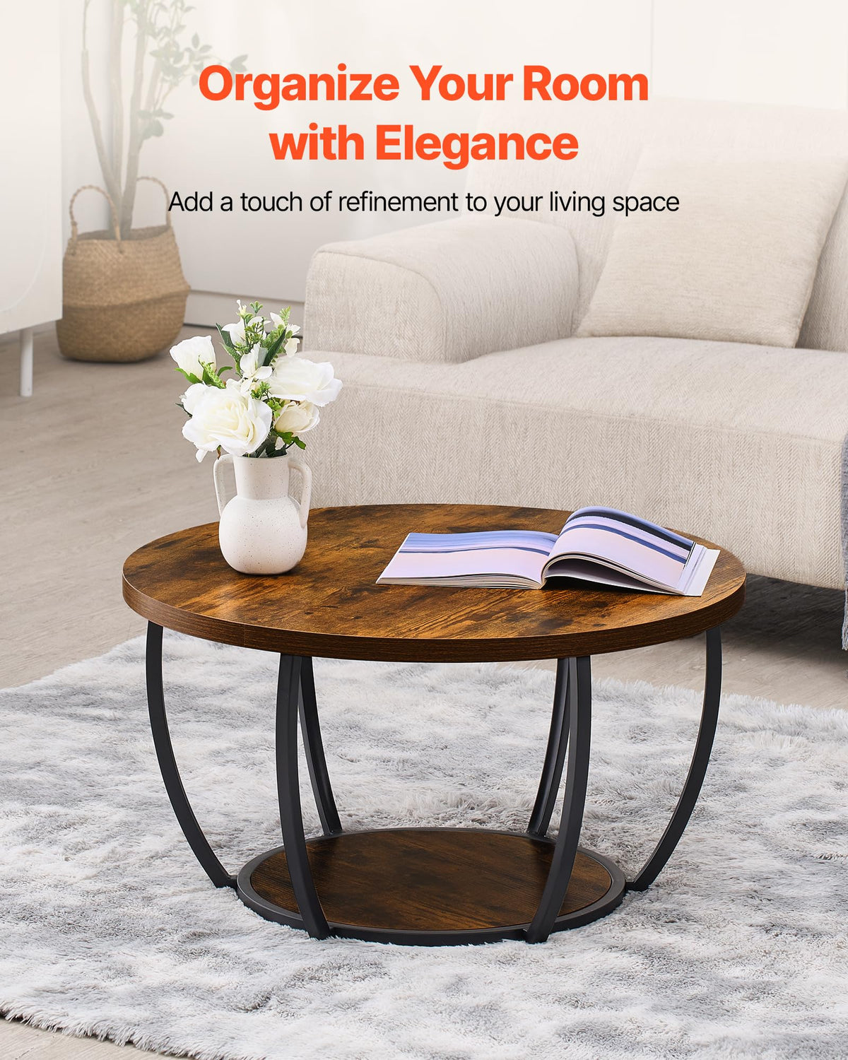 Round Coffee Table, 31.5" 2 Tiers Wooden with Metal Frame, Rustic Brown G962971