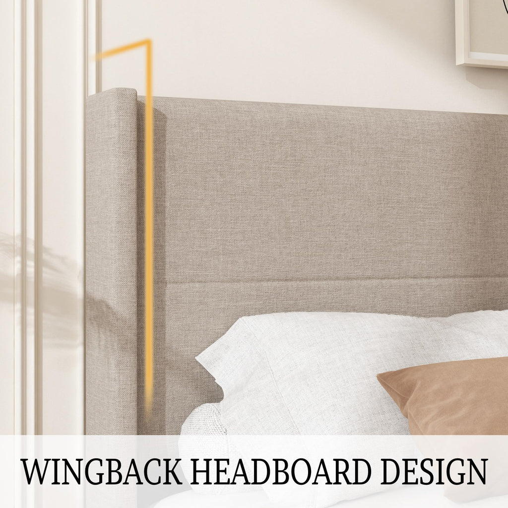 Queen Size Linen Platform Bed Frame with Wingback Headboard Y979819