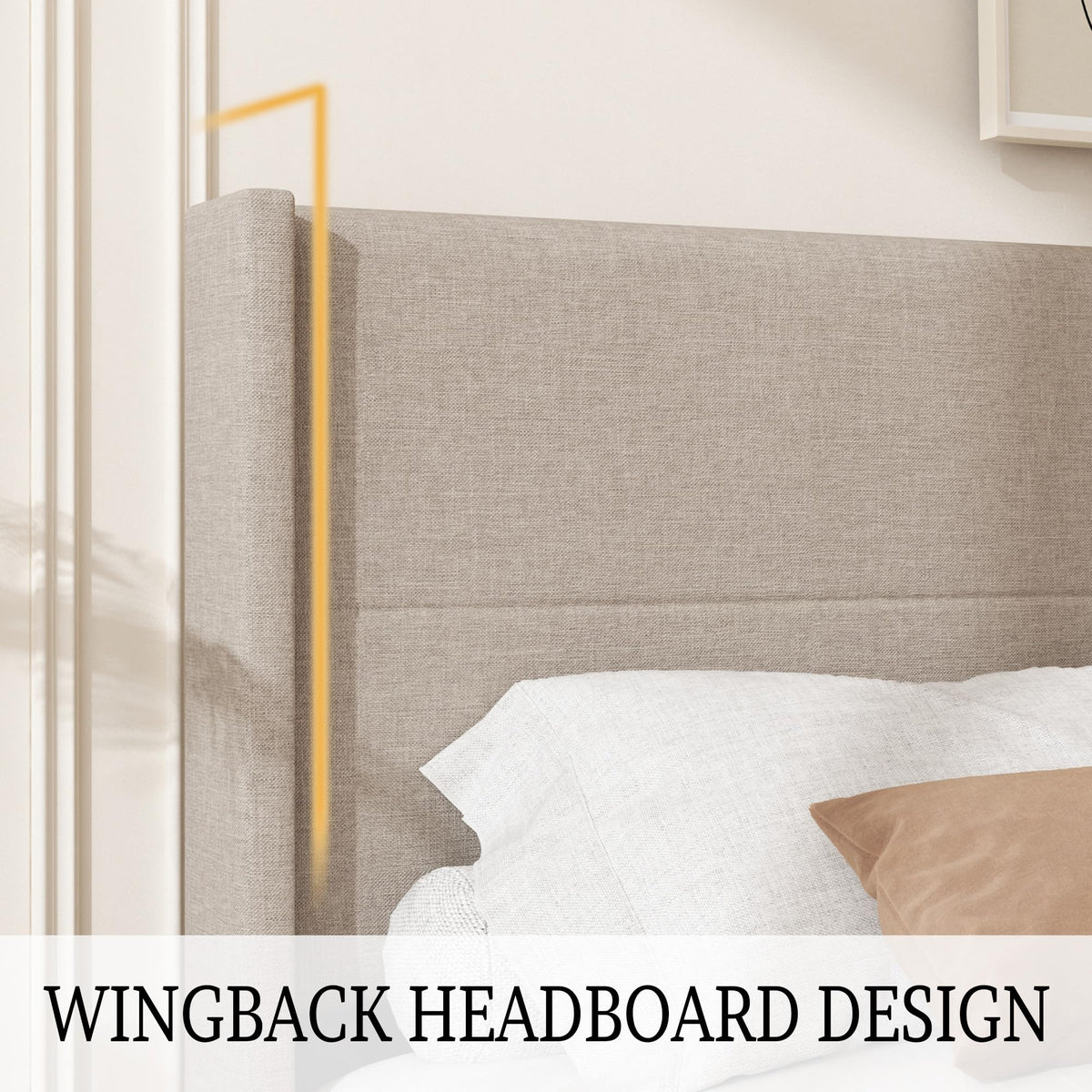 Queen Size Linen Platform Bed Frame with Wingback Headboard Y979819