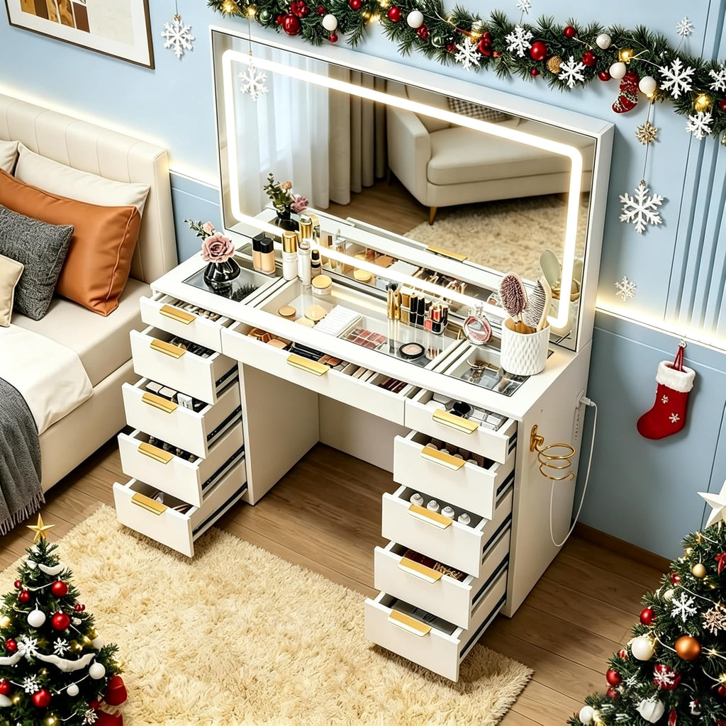 White Glass Top Vanity Desk with Mirror and Lights, 11 Drawers U58369